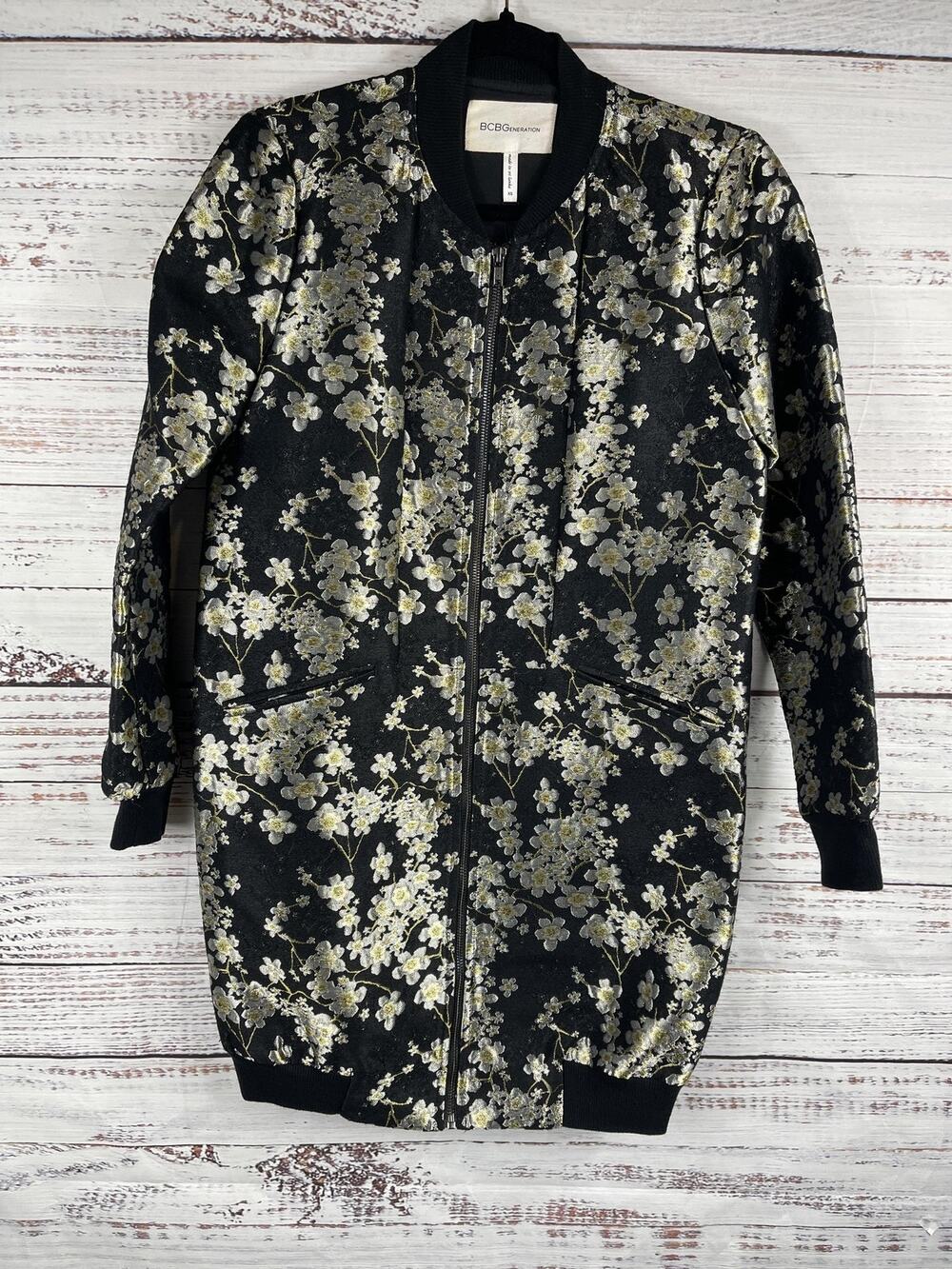 BCBG Generation Jacket Women's Size XS Gold Floral Brocade Bomber Coat XS